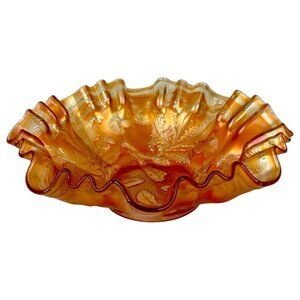 Vintage Fenton Marigold Thistle Carnival Glass Ruffled Edge Bowl Iridescent
